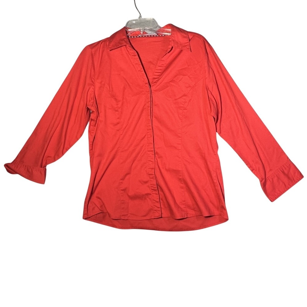 Lee Riders Women's Red-Orange Button Down Shirt Top Size L/G 3/4 Sleeve Stretch